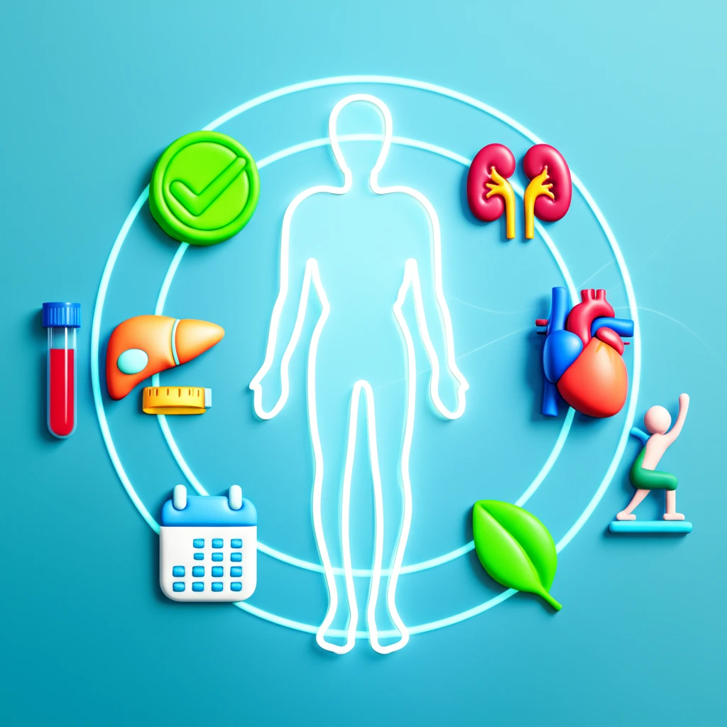 필수 건강검진 항목을 네 가지 핵심 영역으로 나눈 인포그래픽 이미지