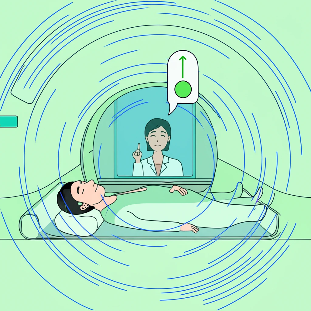 MRI 검사 중 소음 방지용 헤드셋 착용 및 호흡 협조